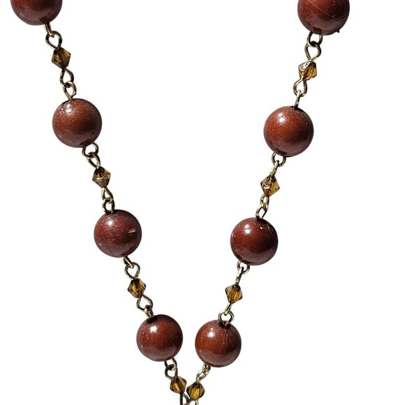 Vintage Elegant Beaded Necklace Gold Tone Pendant Brown Teardrop Charm Jewelry - Picture 2 of 7